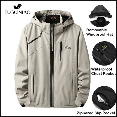 Fuiguiniaoเสื้อแจ็คเก็ตผู้ชาย,น้ำหนักเบาเสื้อลำลองฤดูใบไม้ร่วงเสื้อช่างมีฮู้ดเทรนด์สีทึบเสื้อโค้ทตัวอักษร