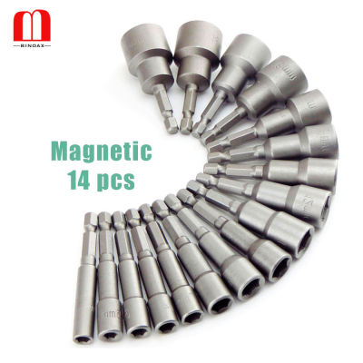 14 Pcs 65mm Length Deepen Magnetic Power Nut Driver Drill Bit Set 6-19MM Impact Socket Adapter For Power Tools 6.35MM Hex Shank