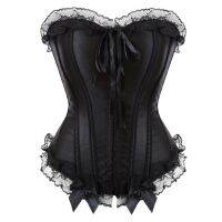 【LZ】∏☋☂  Lace Trim Overbust Corset Top para mulheres Sexy Satin Body Shaper Waist Cincher Burlesque Bustier Lingerie casamento nupcial Plus Size