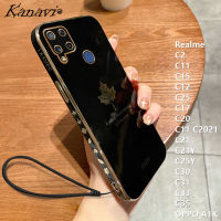 เคสโทรศัพท์ Kanavi สำหรับ Realme C2 C12 C15 C11 C25 C17 C20 C11 C2021 C21 C21Y C25Y C30 C31 C33 C35 OPPO A1K หรูชุบใบเมเปิลสี่เหลี่ยมตรงโครเมี่ยมซิลิโคนนิ่มพร้อมสายคล้อง