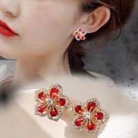 แสดงกองทัพเรือสุทธิสีแดงหรูหราต่างหู rhinestone ผู้หญิง 925 เข็มเงินอารมณ์หวานต่างหูดอกไม้เล็ก ๆ ที่ละเอียดอ่อน OJ6A