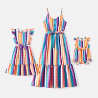 【YF】 PatPat Mommy and Me Colorful Striped Sleeveless Belted Dresses