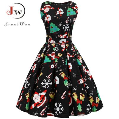 {Noble woman} S 3XL คริสต์มาสผู้หญิงพิมพ์ลายดอกไม้ Slim Vintage Casual แขนกุด Elegant Midi Party Dresses Vestidos Robe