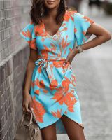 Womens Flower Dress Summer New Style Elegant Mid Waist Printed V-Neck Pullover Waistband Short Sleeve Printed Mini Dress