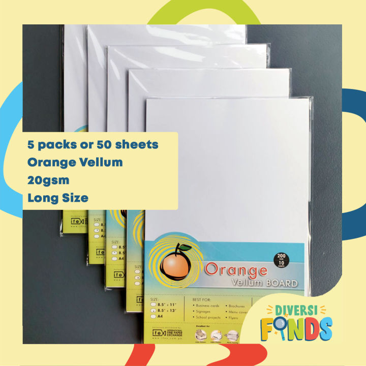 5 PACKS Orange Specialty/ Vellum Board Paper 200gsm White, Long