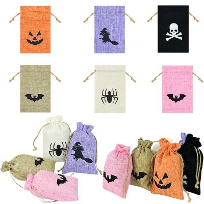【cw】5Pcslot Pumpkin Witch Skeleton Spider Bat Jute Burlap Gift Bag Drawstring Candy Pouches For Halloween Decoration Party Supplies