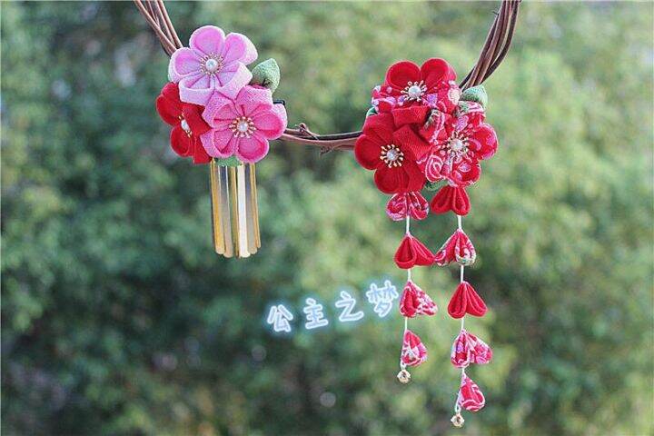 สไตล์ญี่ปุ่น-sakura-crape-kanzashi-เครื่องประดับผม-wisteria-tassels-ดอกไม้สีแดงสีชมพู-kimono-yukata-hairpin-อุปกรณ์เสริม-handmade