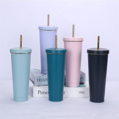 【High-end cups】750/500มิลลิลิตรสแตนเลสฟางแก้วนำมาใช้ใหม่แก้วขวดฉนวนที่มีฝาปิดนมชาถ้วยร้อน Drinkware เครื่องใช้ในบ้าน