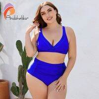 【LZ】▼  Andzhelika-maiô feminino push-up monocromático de duas peças biquíni sexy com gola V maiô plus size moda praia de cintura alta