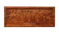 ไม้ประดู่แกะสลัก รุ่น NC-01 เรือสำเภา มั่งมี ศรีสุข ขนาด 19x46 Cm.