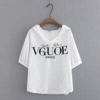 【มีไซส์ใหญ่】Plus Size Womens Hooded Summer Shirts Oversizd Cute Letter Printed Female Tops Short Sleeve Fashion High Street Top