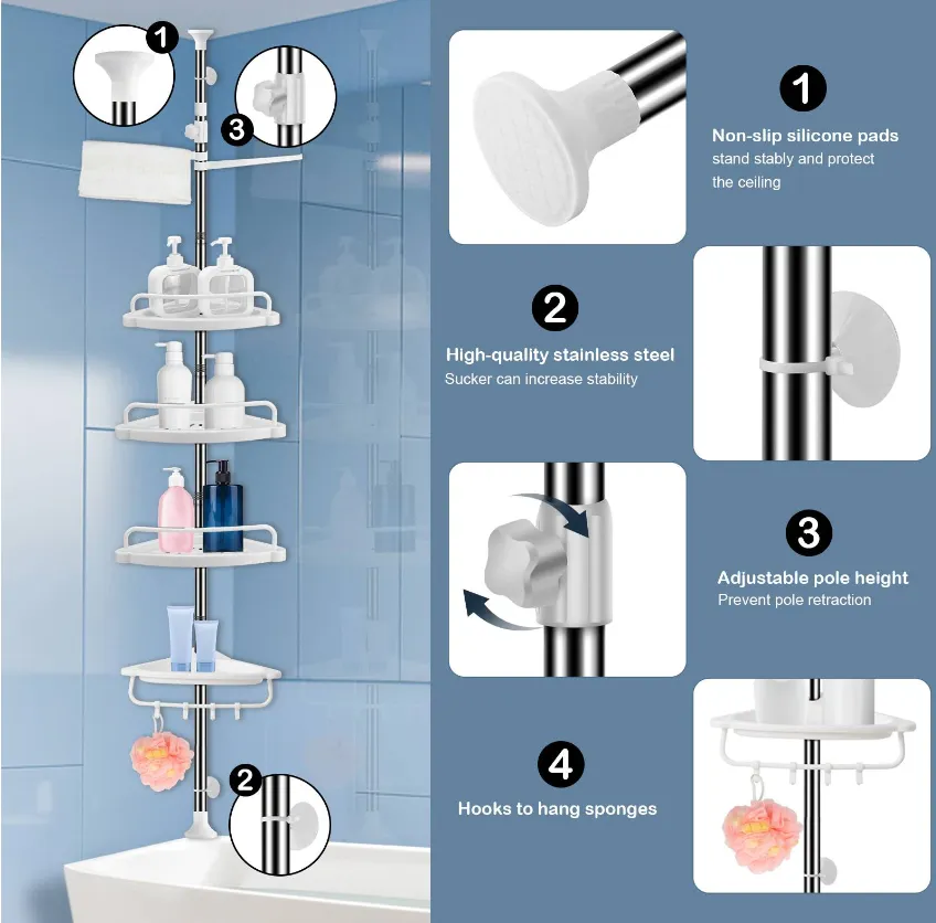 4 Shelves Bathroom Shower Storage Constant Tension Corner Pole