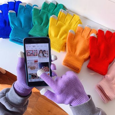 1 Pairs Touch Screen Gloves Candy Color Knitted Women Gloves Winter Warm Five Finger Mittens Outdoor Sport Motorcyclist Gloves