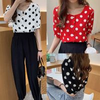 Womens Simple Loose Square Collar Short Sleeve Dot Print Button Up Chiffon Basic Blouse