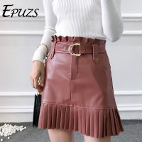 y black pu leather skirt women high waist skirts womens mini skirt kawaii with belt chic ruffled skirt korean winter skirt