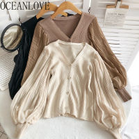 OCEANLOVE Puff Sleeve Women Cardigans Solid V Neck Chiffon Patchwork Spring Autumn Sweaters Slim Korean Retro Jersey Mujer