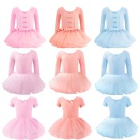 ☈◇ Girls Ballet Dance Dress Kids Children High Quality Short /Long Sleeves Tulle V Back Bowknot Gymnastics Dance Wear ballet dress