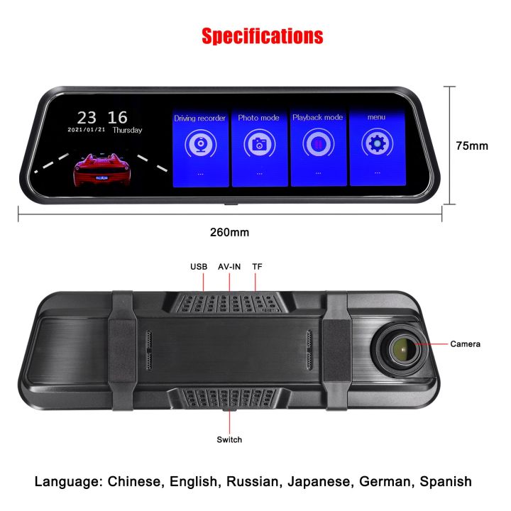 กล้องติดรถยนต์มุมมองด้านหลังขนาด9-66นิ้วกล้องเครื่องบันทึกวีดีโอ1080p-หน้าจอสัมผัสได้การมองเห็นได้ในเวลากลางคืนการขับขี่ระบบ-g-sensor-มีห่วง