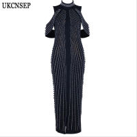 UKCNSEP  Chic Woman Black White Sleeveless Beaded Dress Celebrity Evening Party dress Turtleneck Sexy Back Splitting Dresses