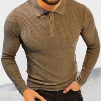 Mens Clothing Fashion Solid Collar Button Social Sweater Streetwear Winter Long Sleeve Rib Top 2023 Autumn Slim Knitted Shirts