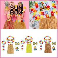 SUN BOX 8pcs/set อุปกรณ์ปาร์ตี้ฮาวาย สายรัดข้อมือ แว่นตาสำหรับผู้หญิง พวงมาลัยแบบห้อย สร้อยคอสำหรับผู้หญิง ชุดกระโปรงฮูลาฮาวาย ชุดแฟนซี ชุดคอสตูม แถบคาดศีรษะ