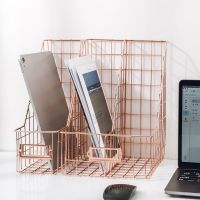 Nordic Wrought Iron Double Grid File Holder Desk Shelf Magazine Book Storage Rack Office Stationery Organizer