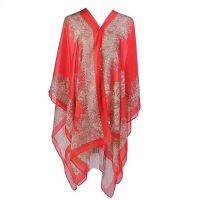 FN946N Women Scarf Poncho Cashew Flower Print Multi-function Chiffon Vintage Anti-sun Bikini Cover Up for Beach