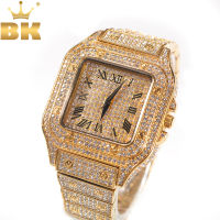 BLING KING Iced Out นาฬิกาผู้ชายสแควร์เพชรควอตซ์หรูหรา Mens นาฬิกาข้อมือทองโรมันนาฬิกาเหล็ก Relogio Masculinohot