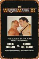 WrestleMania III ป้ายดีบุกโลหะโบราณโปสเตอร์ภาพยนตร์,เครื่องตกแต่งฝาผนังสำหรับบาร์,ตกแต่งบาร์กาแฟ,เครื่องตกแต่งฝาผนังของตกแต่งผนังบ้าน12X8นิ้ว