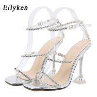 Eilken Designer Rhinestone ผู้หญิง Sals PVC Jelly โปร่งใส Perspex รองเท้าส้นสูงแปลกฤดูร้อนสแควร์ Toe หัวเข็มขัดรองเท้า