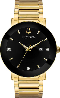 Bulova Mens Modern Gold Tone Stainless Steel 3-Hand Calendar Date Quartz Watch, Black Dial with Diamonds Style: 97D116