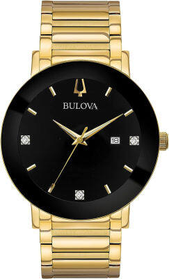 Bulova Mens Modern Gold Tone Stainless Steel 3-Hand Calendar Date Quartz Watch, Black Dial with Diamonds Style: 97D116