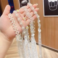 Sweet Crystal Pearl Hairband Romantic Beads Flowers Lace Long Hair Ribbon Headdress Lace Up Clavicle Choker Necklace Jewelry