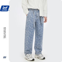 INFLATION Streetwear Mens Baggy Jeans Spring High Street Paisley Denim Pant With Belt Male Trousers