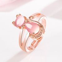 Korean Pink Crystal Cat ring female diamond lotus stone cat ring cute cat opening fashion ring T2E5