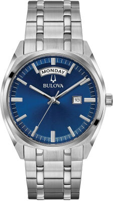 Bulova Mens Classic Stainless Steel Watch with Day Date Silver Tone/Blue