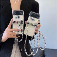 เคสโทรศัพท์คาดลำตัวโซ่มือผีเสื้อ3D น่ารักสำหรับ Samsung Galaxy Z Flip 3 4 3 5ที่ติดแบบใส PC แข็งพร้อมสายคล้อง