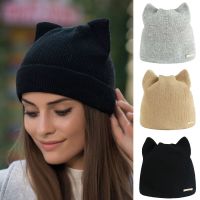 Autumn Women  39;s Cat Ears Beanies Skullies Lovely Winter Warm Solid Knitted Hat for Girls Fashion Casual Ear Warmer Wool Caps