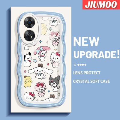 เคส JIUMOO สำหรับ OPPO Reno 8 T 5G Reno8 T A1 Pro เคสการ์ตูน Sanrio Family Hello Kitty แฟชันลายคลื่นเลนส์กล้องถ่ายรูปเคสโทรศัพท์โปร่งใสเคสกันกระแทกป้องกันซิลิโคนอ่อนชัดเจน