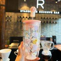 Starbuck New Gorgeous Spring Pink Cherry Blossom Cute Cat Paw Girl Heart Double Glass Straw Cup 355Ml