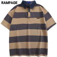 Rampage ญี่ปุ่นย้อนยุคสีที่ถูกบล็อก Kaus Polo Garis ผู้ชายและผู้หญิงผ้าบางสำหรับฤดูร้อน2022คู่สั้นเสื้อยืด