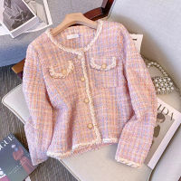 เสื้อแจ็คเก็ตสตรี French Retro Small Fragrance Tweed Niche Design Fashion All-Match Round Neck Stitching Jacket Casual Jacket