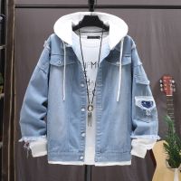 [COD] new coat loose mens trendy hooded jacket denim splicing ripped