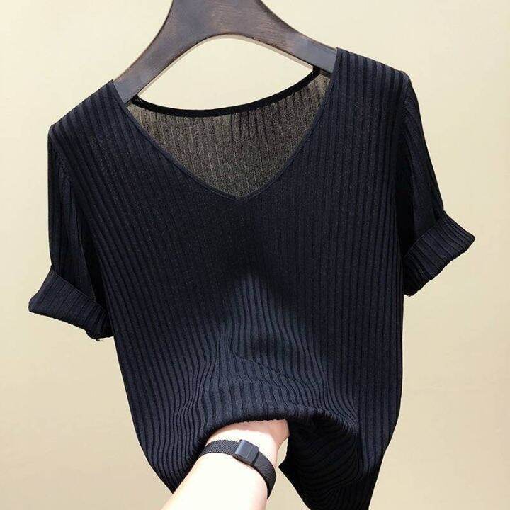 spot-summer-ice-silk-sweater-base-ride-black-t-shirt-short-sleeved-womens-shirt-thin-slimming-2023