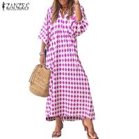 COD DSTGRTYTRUYUY ZANZEA Women Casual Loose O Neck Beach Check Puff Sleeve Dress