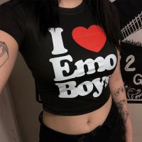 ✗○ LJ7.14 เสื้อครอปท็อปแขนสั้น พิมพ์ลาย I Love Emo สไตล์วินเทจ ฮาราจูกุ โกธิค เซ็กซี่ สําหรับผู้หญิง 2000s Y2k