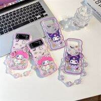 เคสโทรศัพท์ลายการ์ตูนแบบเต็มหน้าจอ Kuromi Melody สำหรับ Samsung Galaxy Z Flip 4 3ฝาหลังเป็นลอนแบบนิ่ม