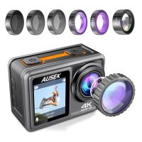 Action Camera with Removable Filter Lens 4K 60FPS 20MP 2.0-inch LCD EIS Dual Screen Video Shooting Waterproof Shoot Cam DVR Lo