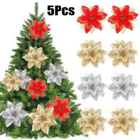 ② สไตล์5ชิ้น16ซม. ดอกไม้คริสต์มาส Xmas Tree ดอกไม้สีแดง Poinsettia ดอกไม้ประดิษฐ์