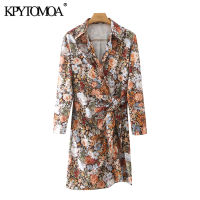 KPYTOMOA Women 2021 Fashion With Bow Tied Floral Print Mini Dress Vintage Long Sleeve Wrap Female Dresses Vestidos Mujer